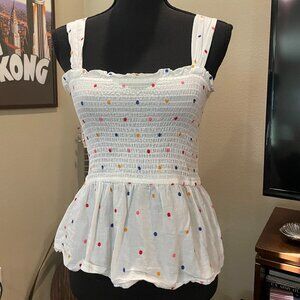 Loft Peplum White Cotton Mult-colored Dot Blouse PS